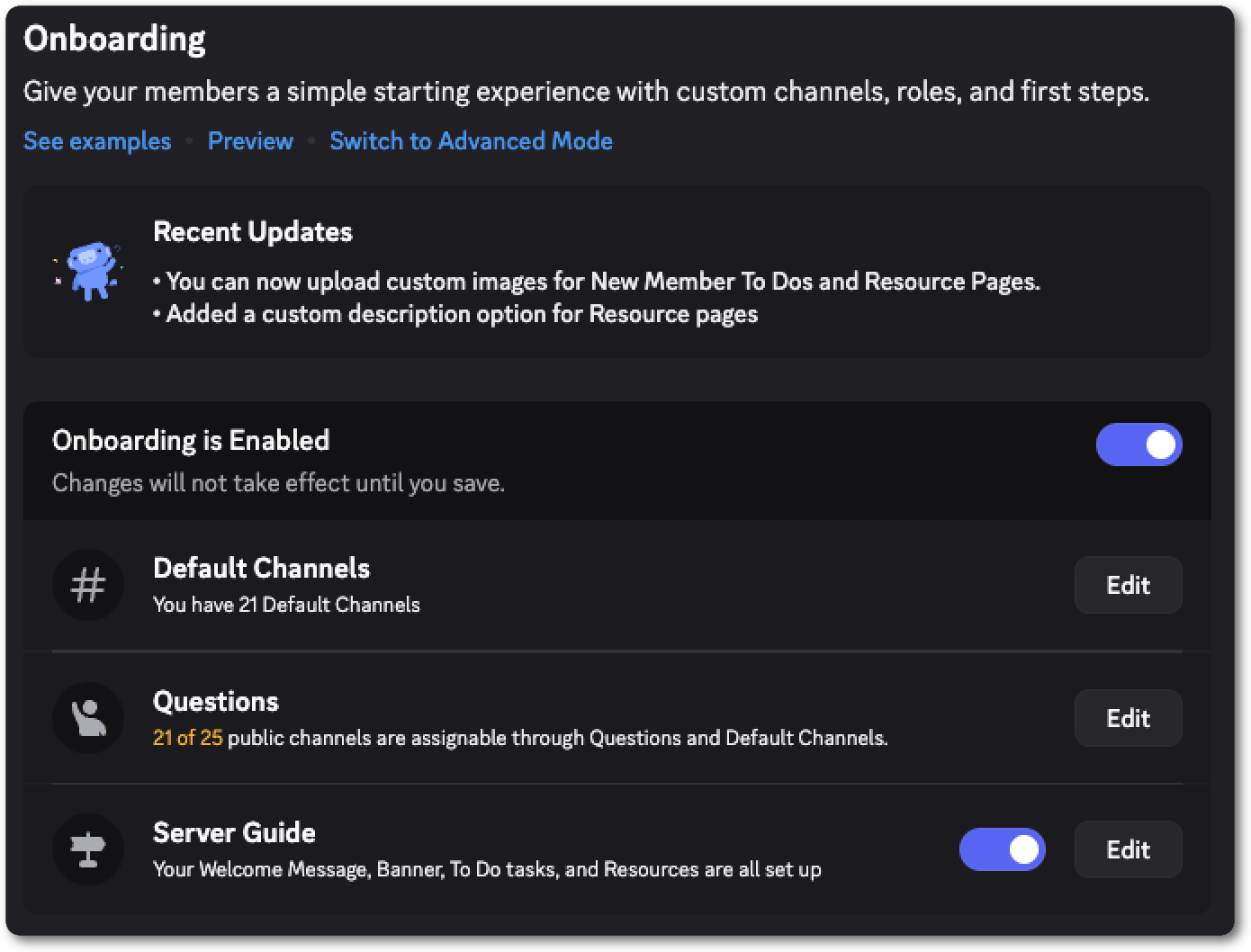 Server onboarding settings for a community server