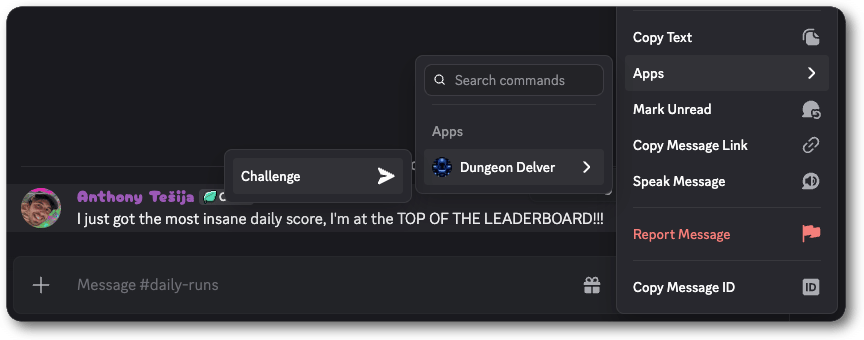 An example message command. The context menu has an Apps section open to a Bookmark command