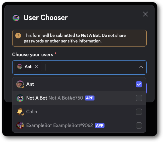 Example of a modal with a User Select