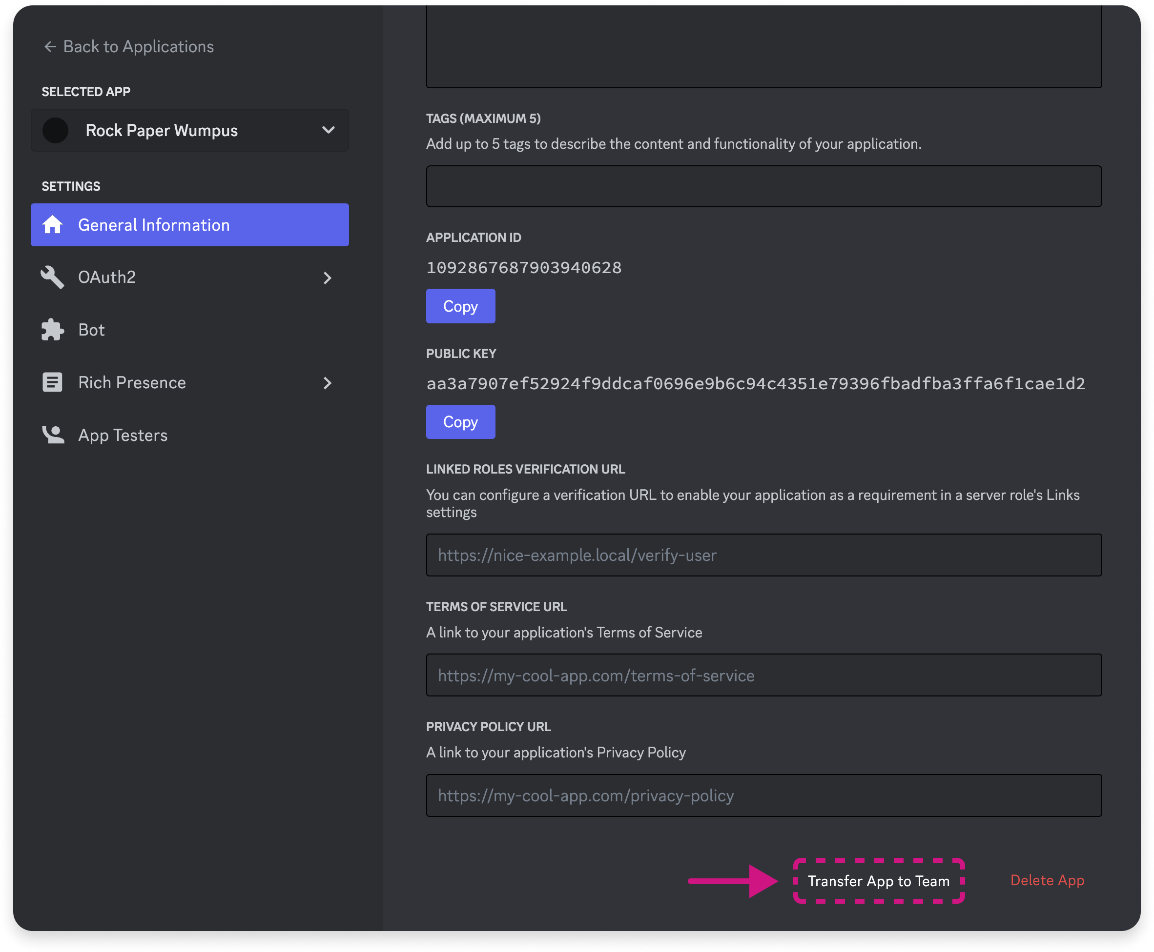 Screenshot of where to find the button to transfer an Application to a team