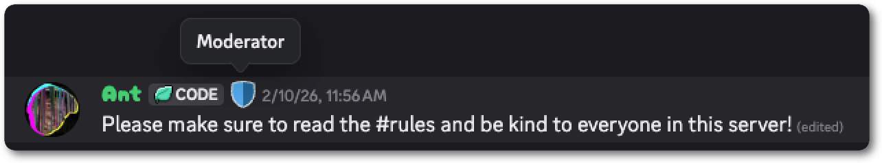 A moderator with a shield emoji as a role icon