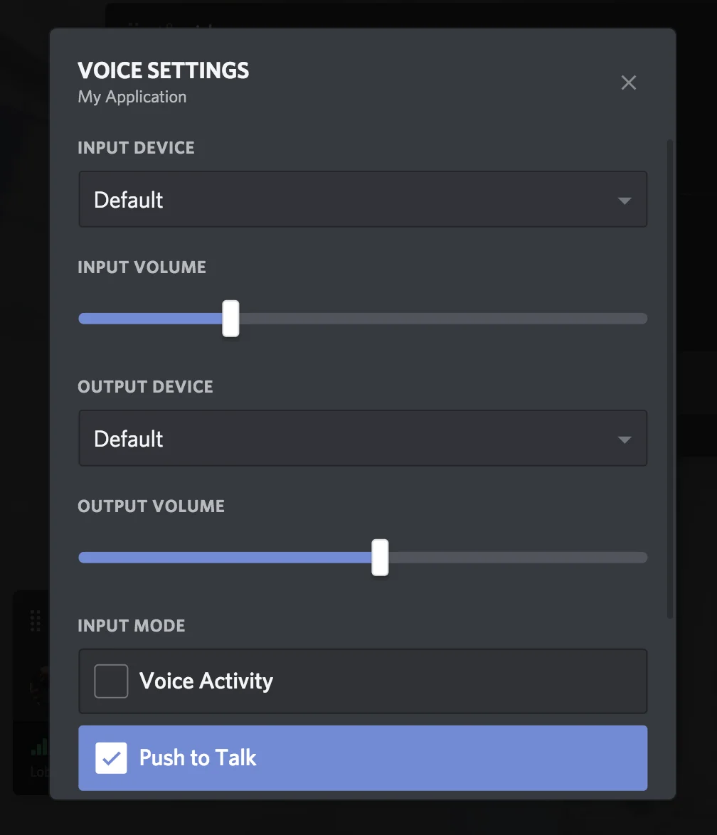 Screenshot of the Voice Settings modal for an application