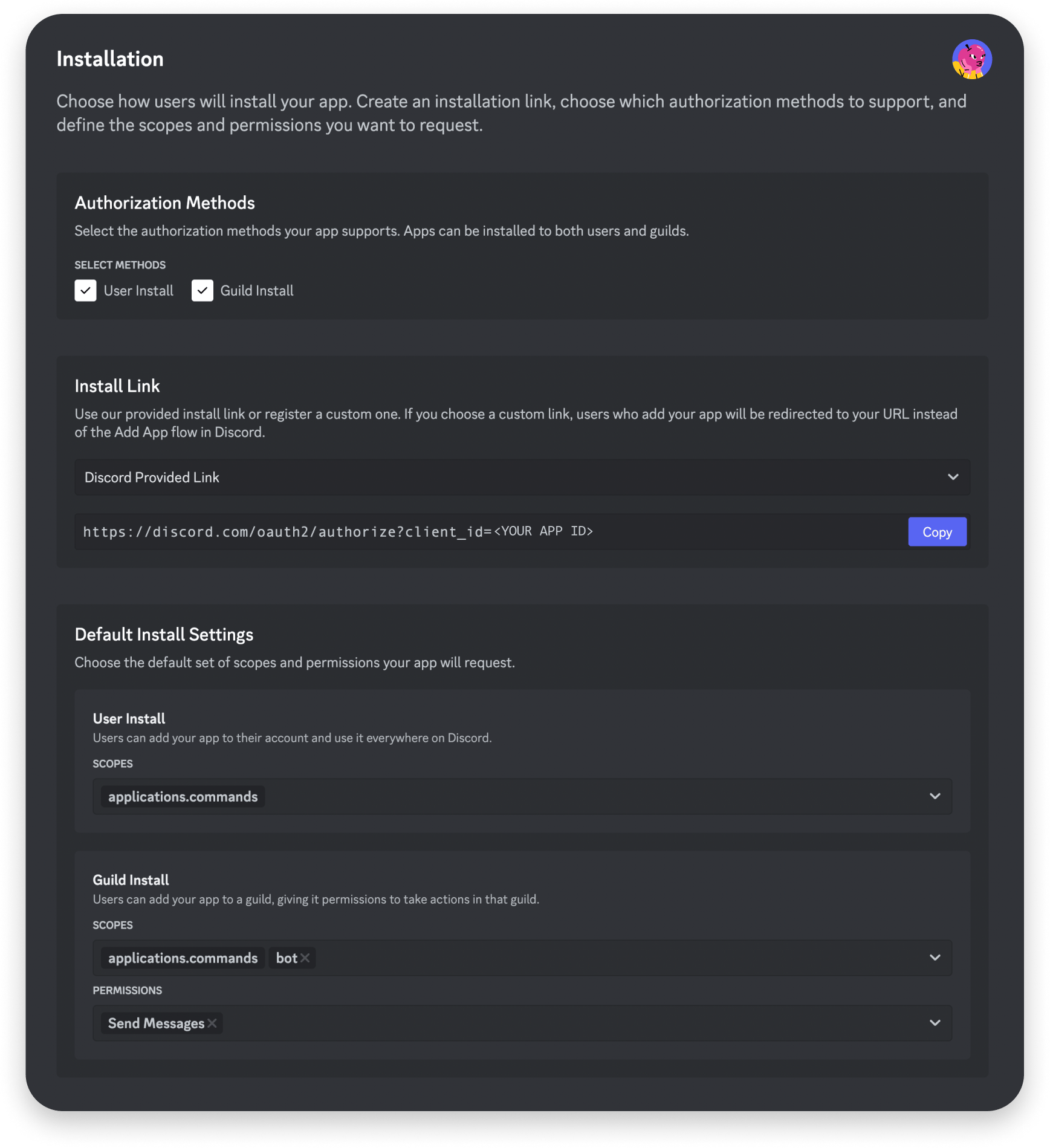 Installation settings in App Settings