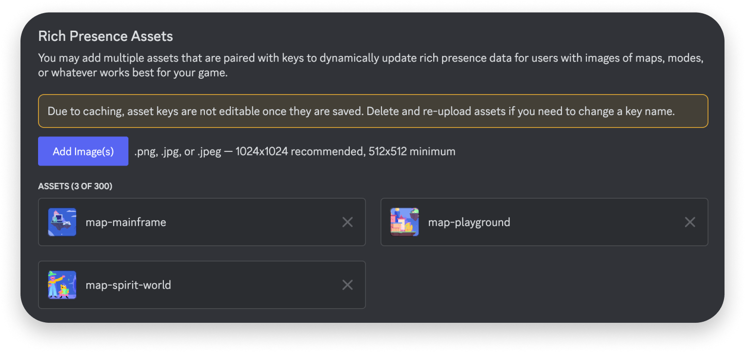 Rich Presence assets in app settings