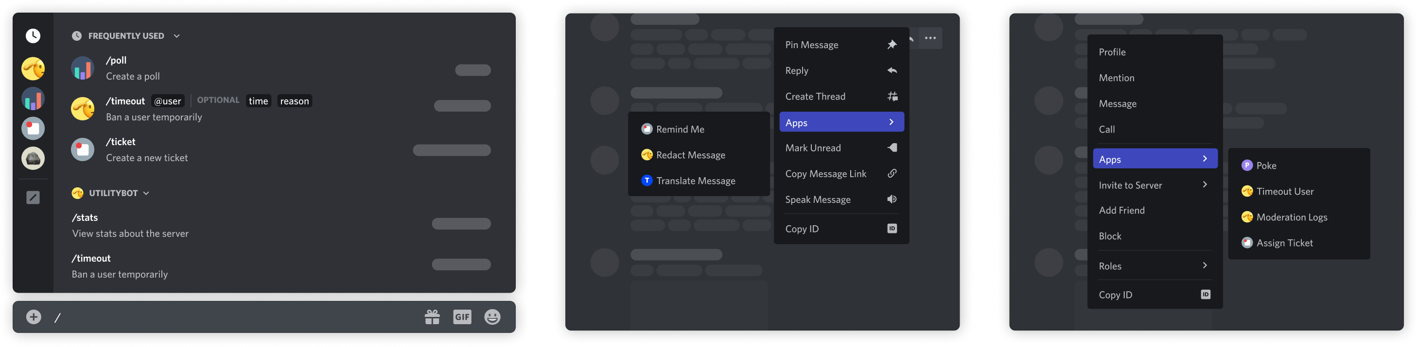 Client interfaces showing the different types of application commands
