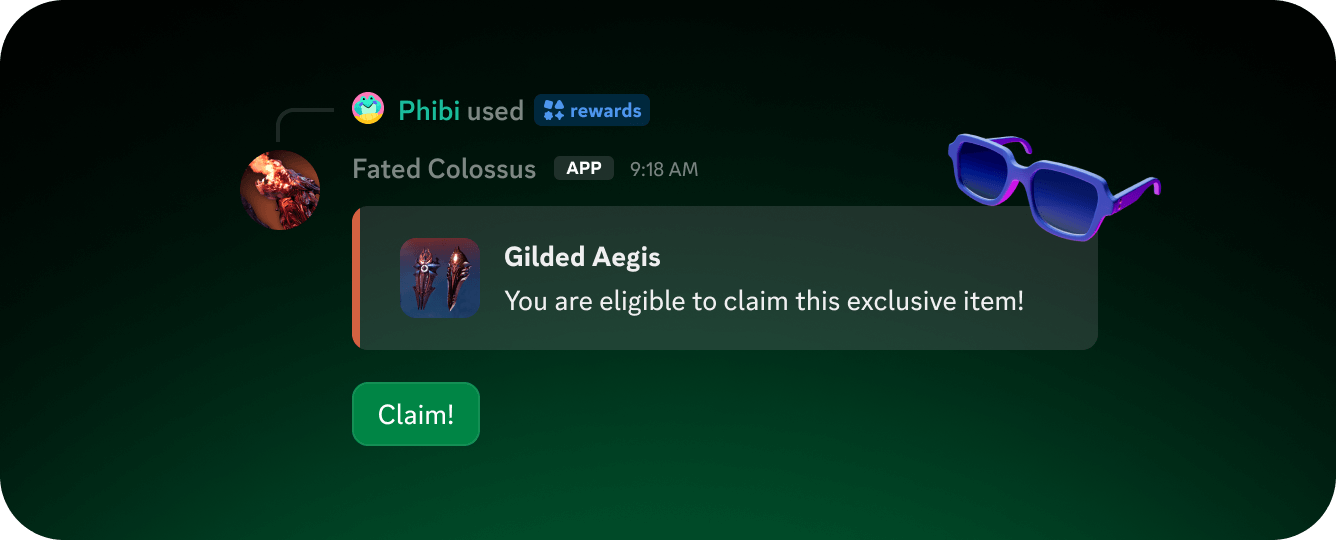 A banner showing a bot message allowing a player to claim an item for the game in Discord