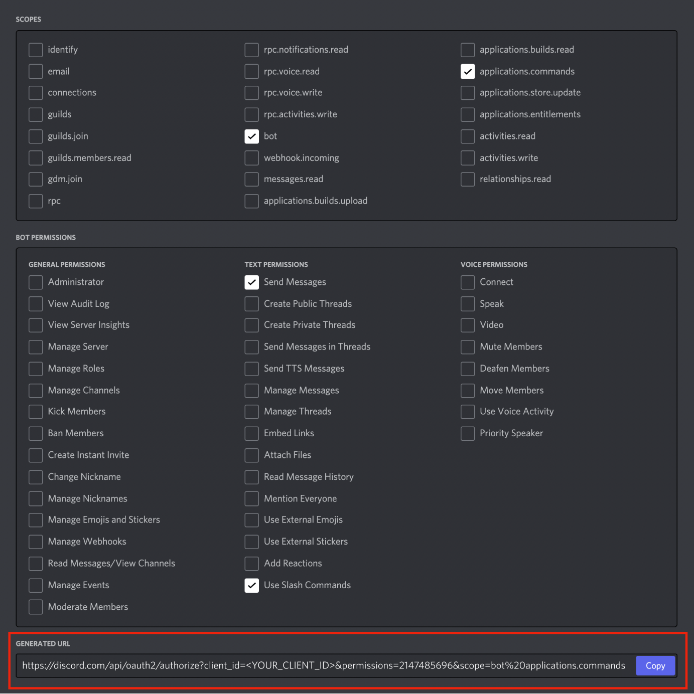 Configuring bot permissions in app settings