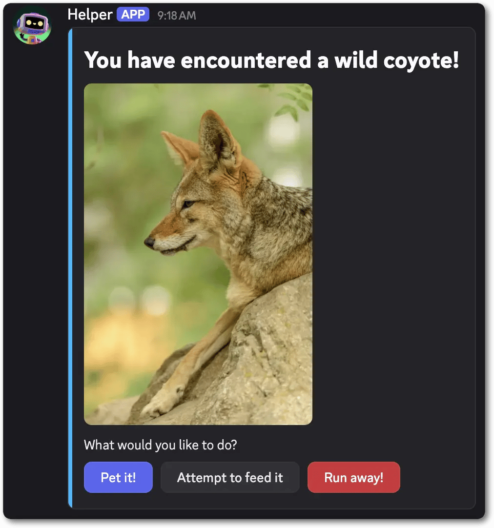 Example of a container showing text, image, and buttons for a wild enemy encounter