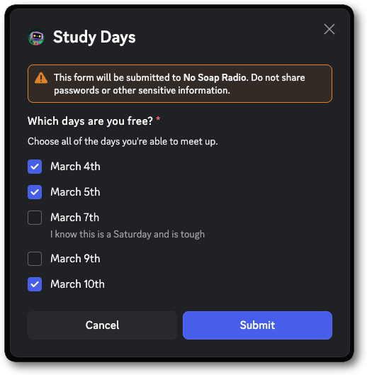 Example of a modal with a Checkbox Group