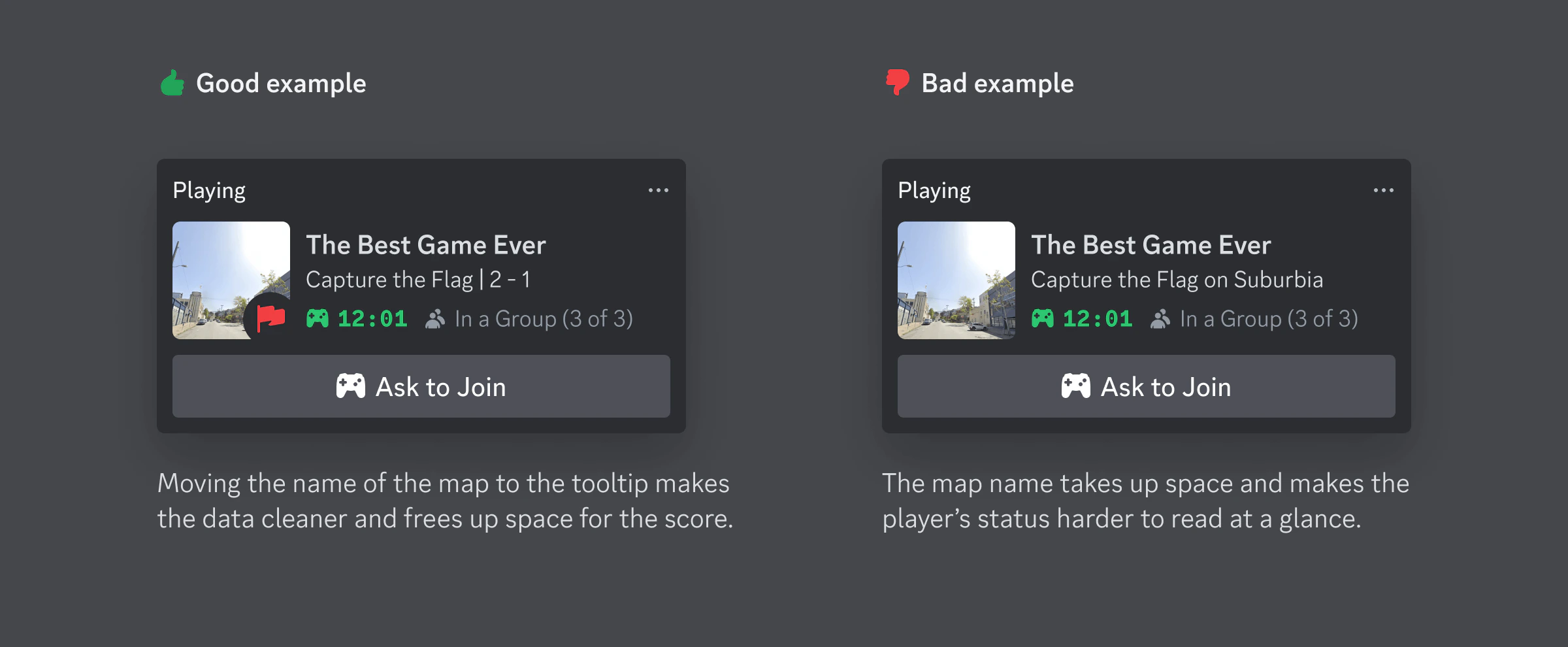 Example of a good rich presence string that takes advantage of storing less important information in tooltips compared to a bad string that is hard to read at a glance