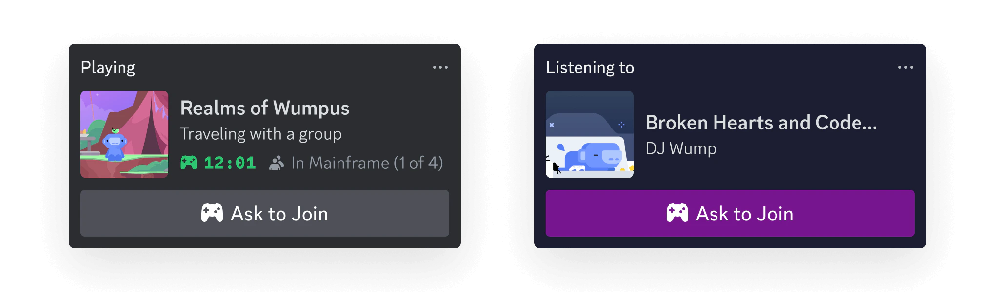 Examples of Rich Presence data on Discord user profiles