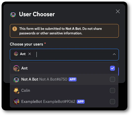 Example of a modal with a User Select