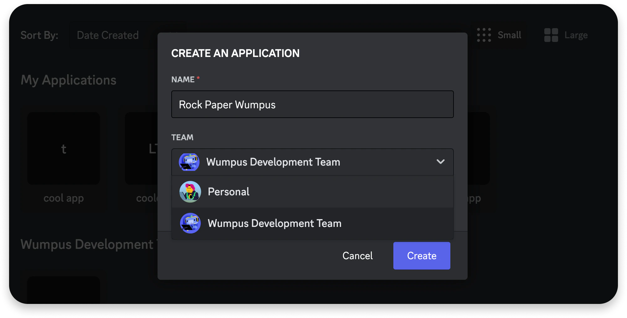 Screenshot of the create application modal with a Team selected