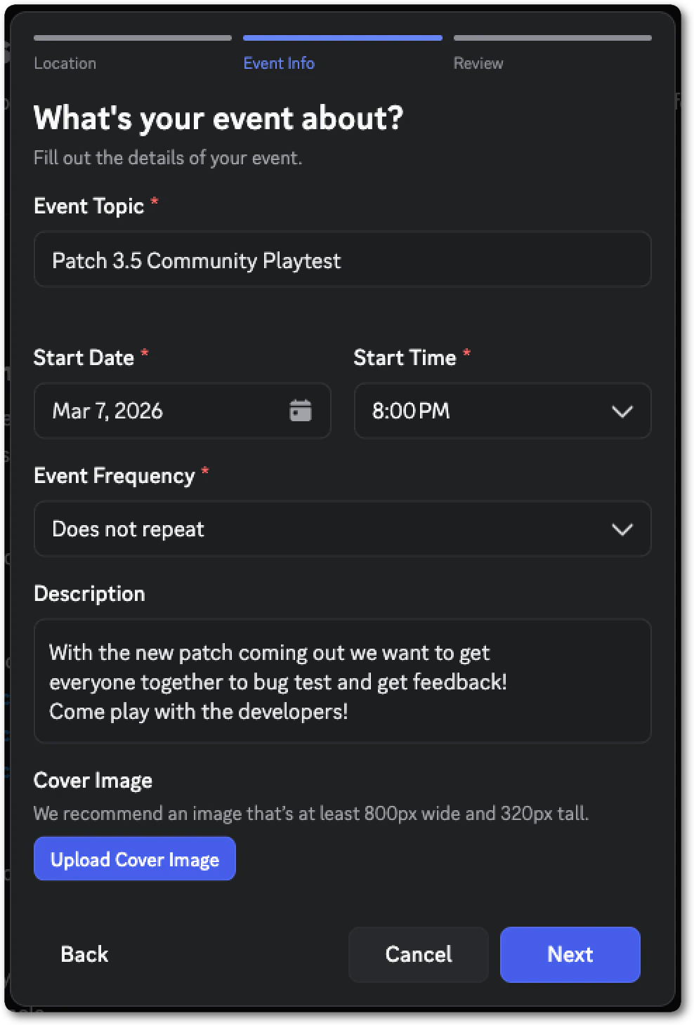 Scheduling an event for a playtest in a server