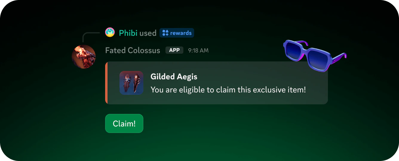 A banner showing a bot message allowing a player to claim an item for the game in Discord