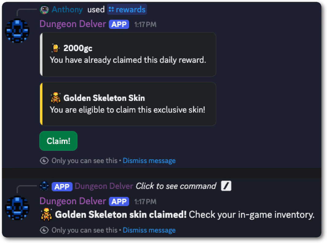 A bot message showing a player accepting a new limited edition golden skeleton skin