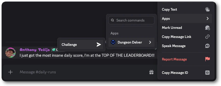 An example message command. The context menu has an Apps section open to a Bookmark command