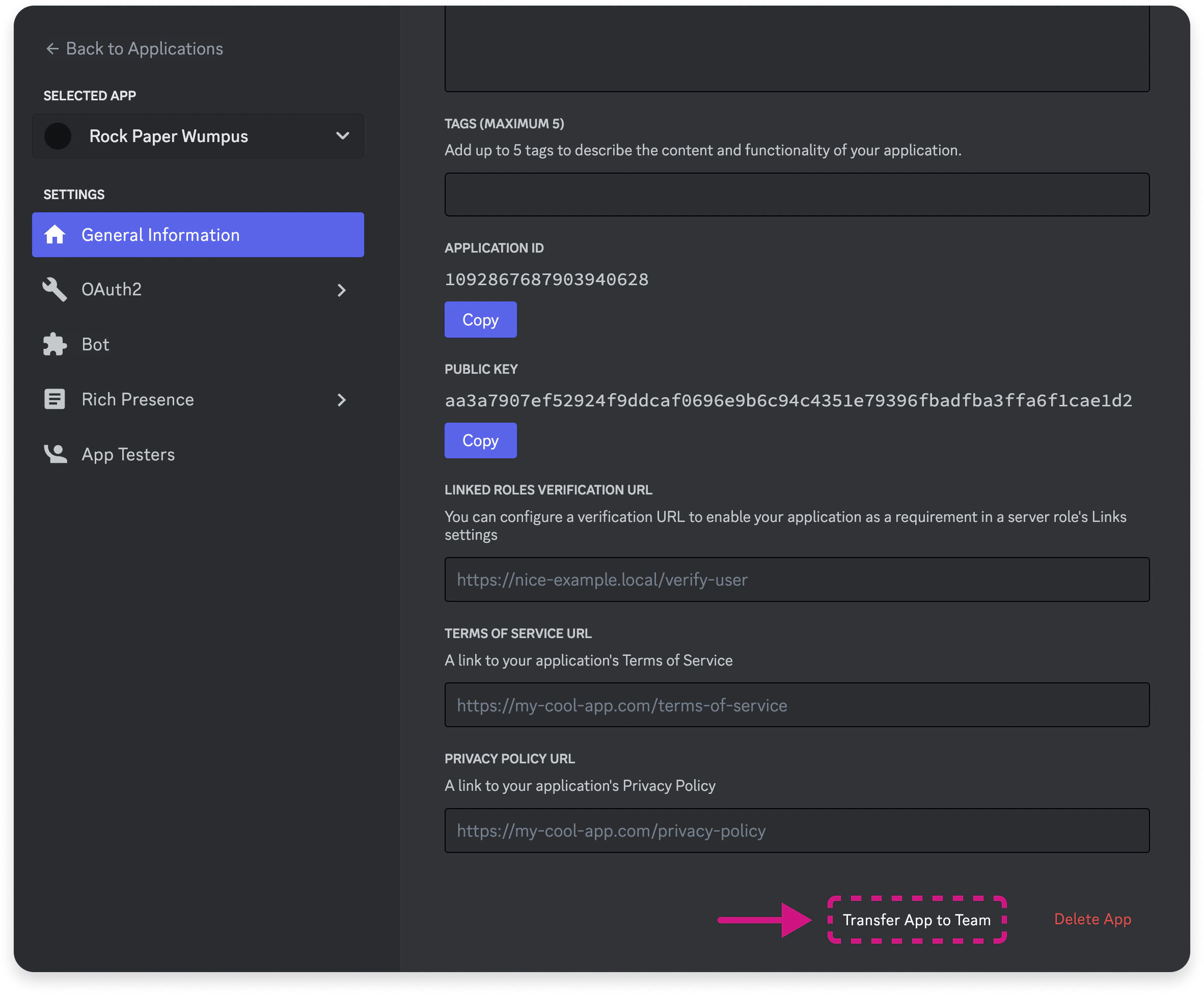Screenshot of where to find the button to transfer an Application to a team