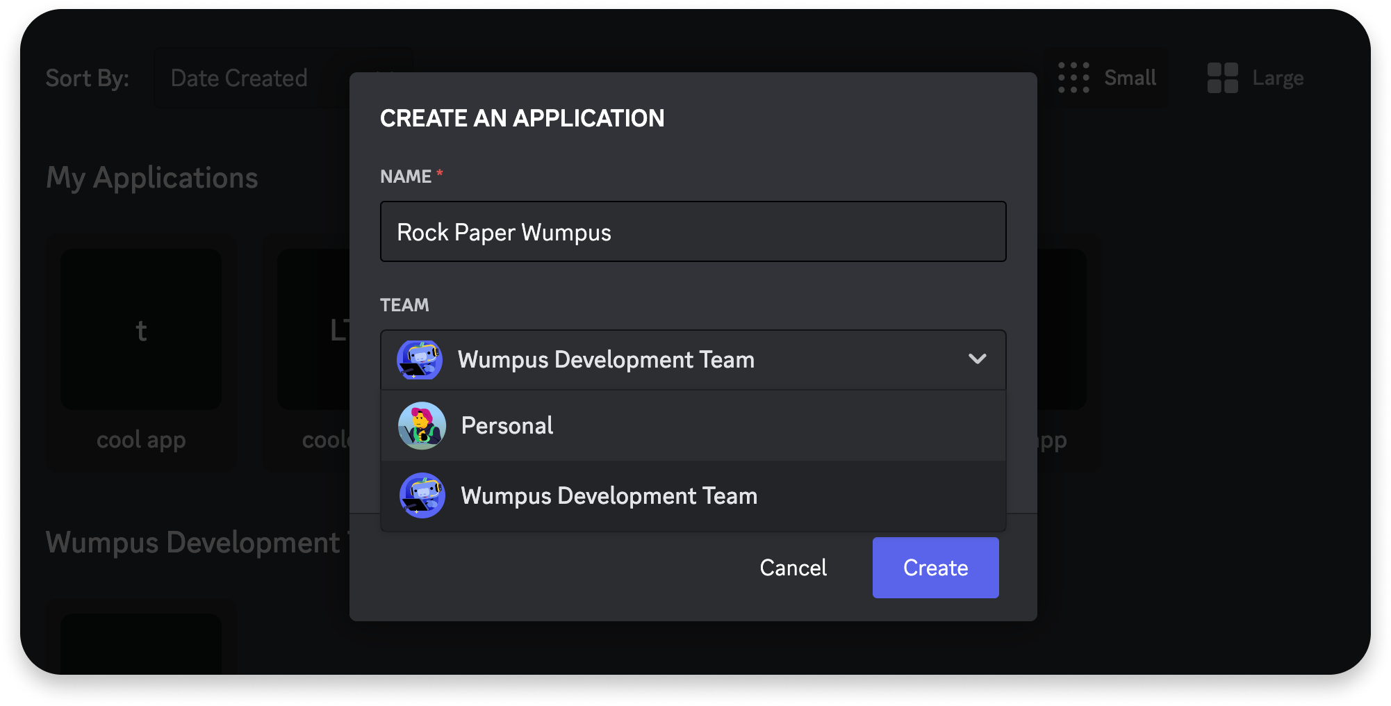 Screenshot of the create application modal with a Team selected