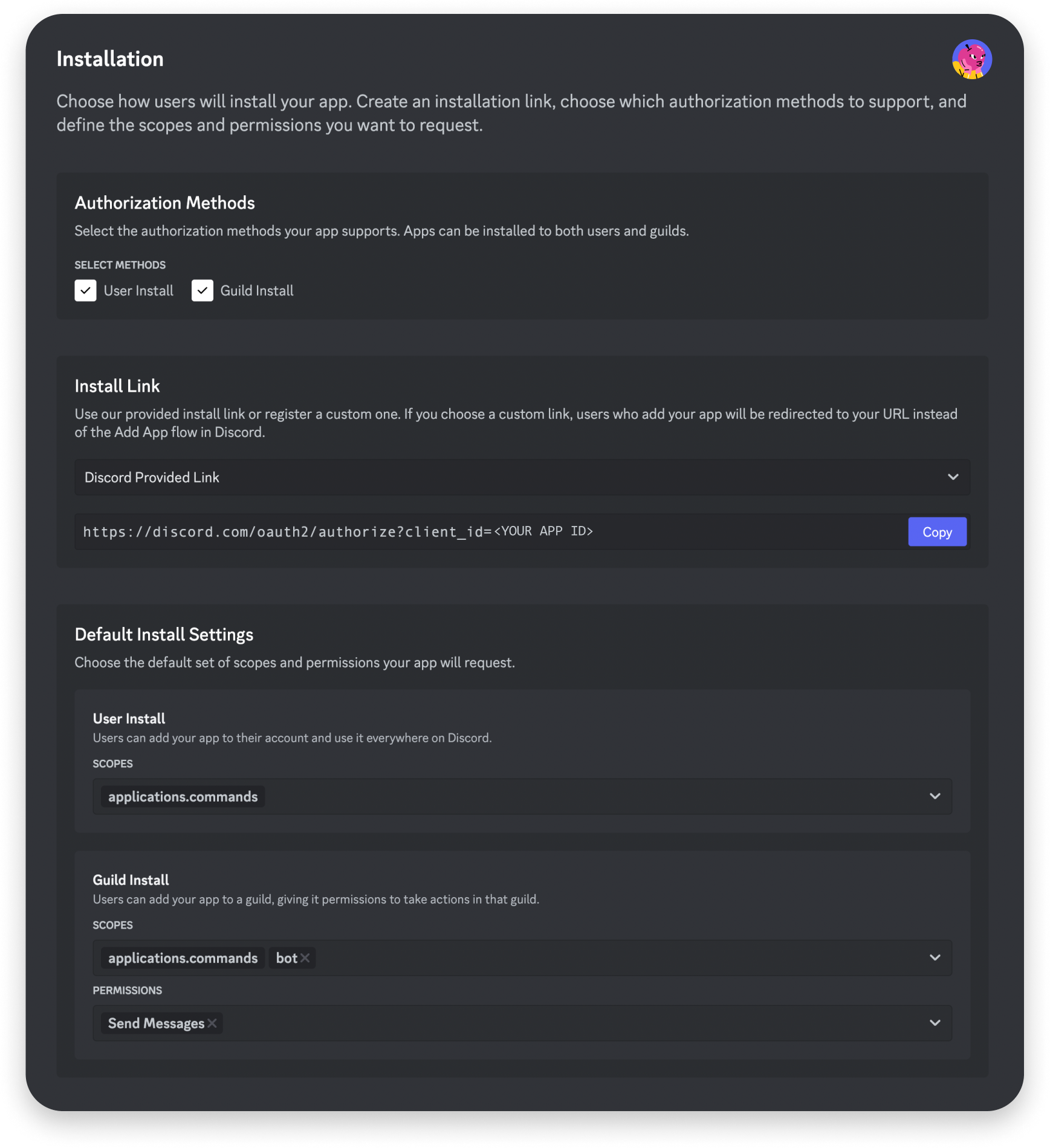 Installation settings in App Settings