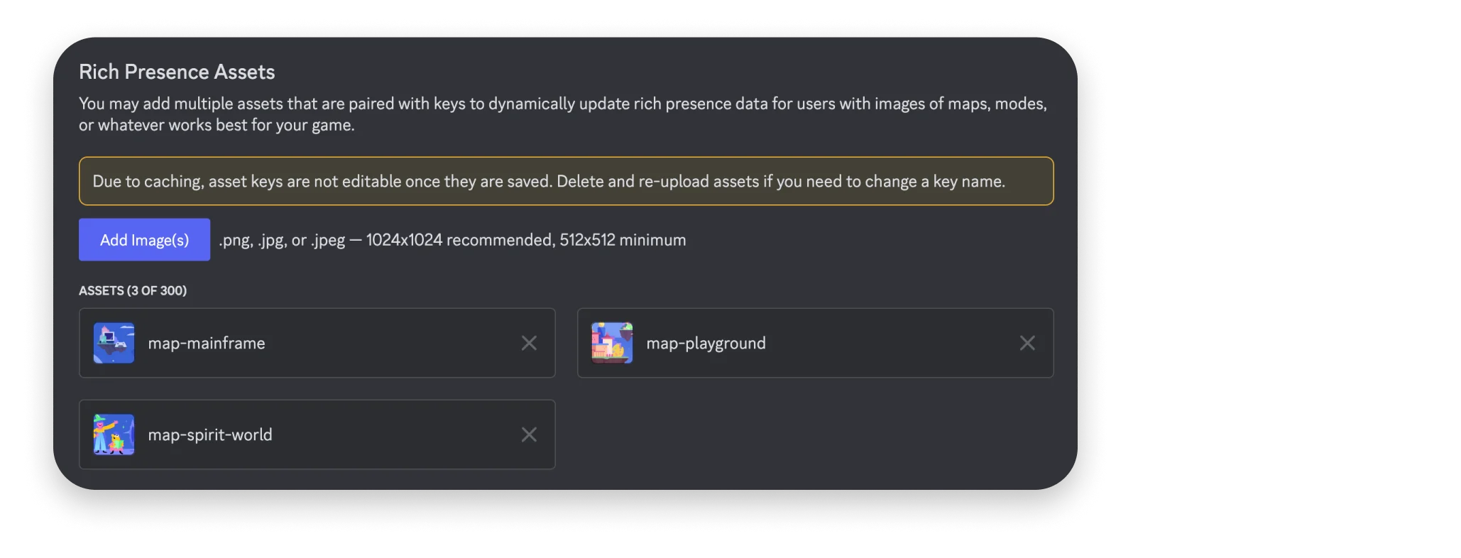 Rich Presence assets in app settings