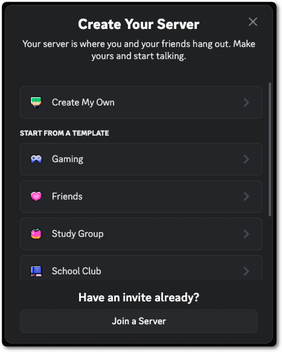Discord UI for creating a server