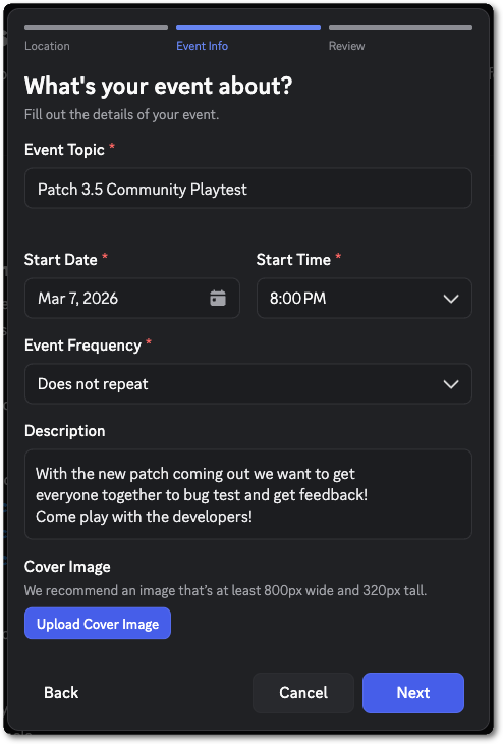 Scheduling an event for a playtest in a server