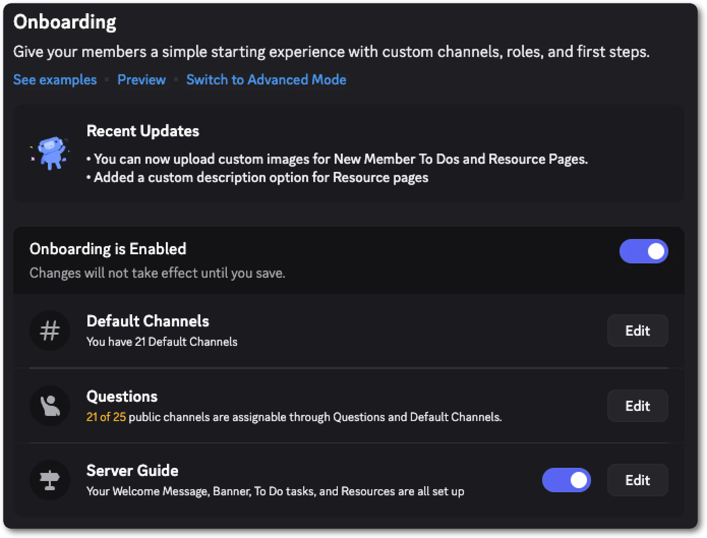 Server onboarding settings for a community server