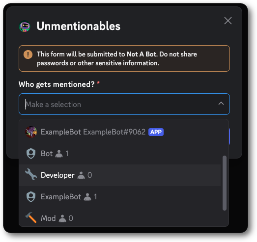 Example of a modal with a Mentionable Select