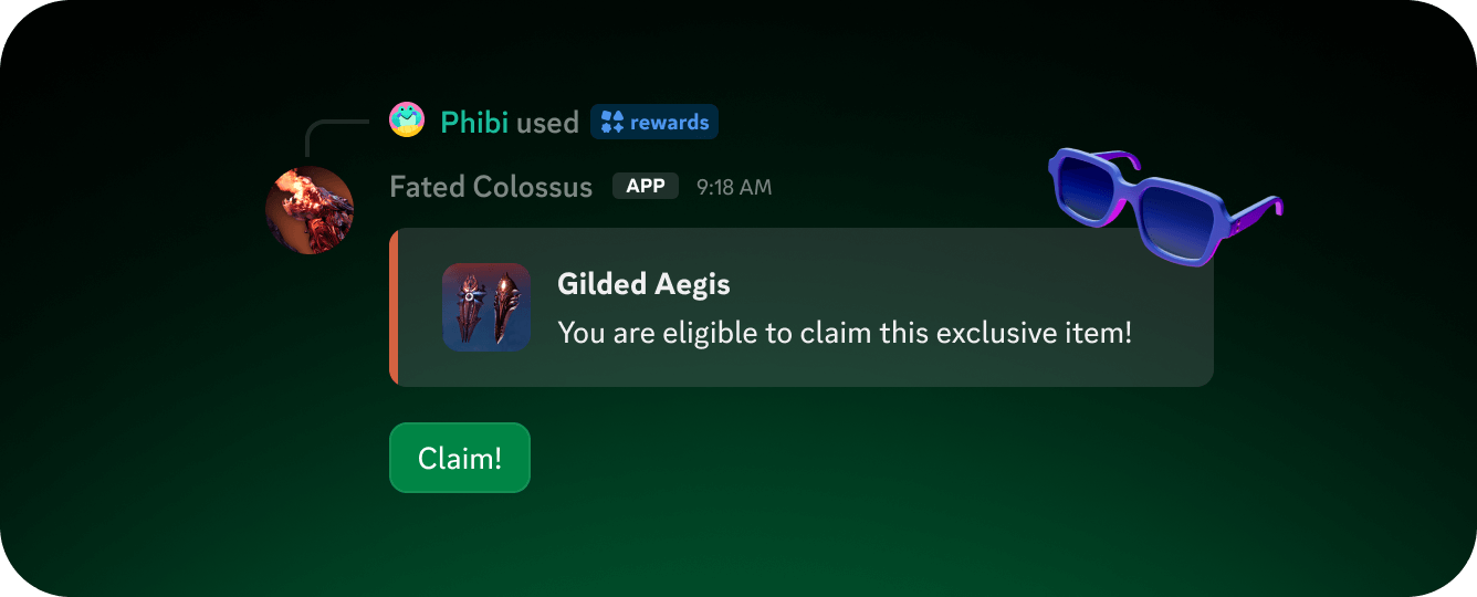 A banner showing a bot message allowing a player to claim an item for the game in Discord