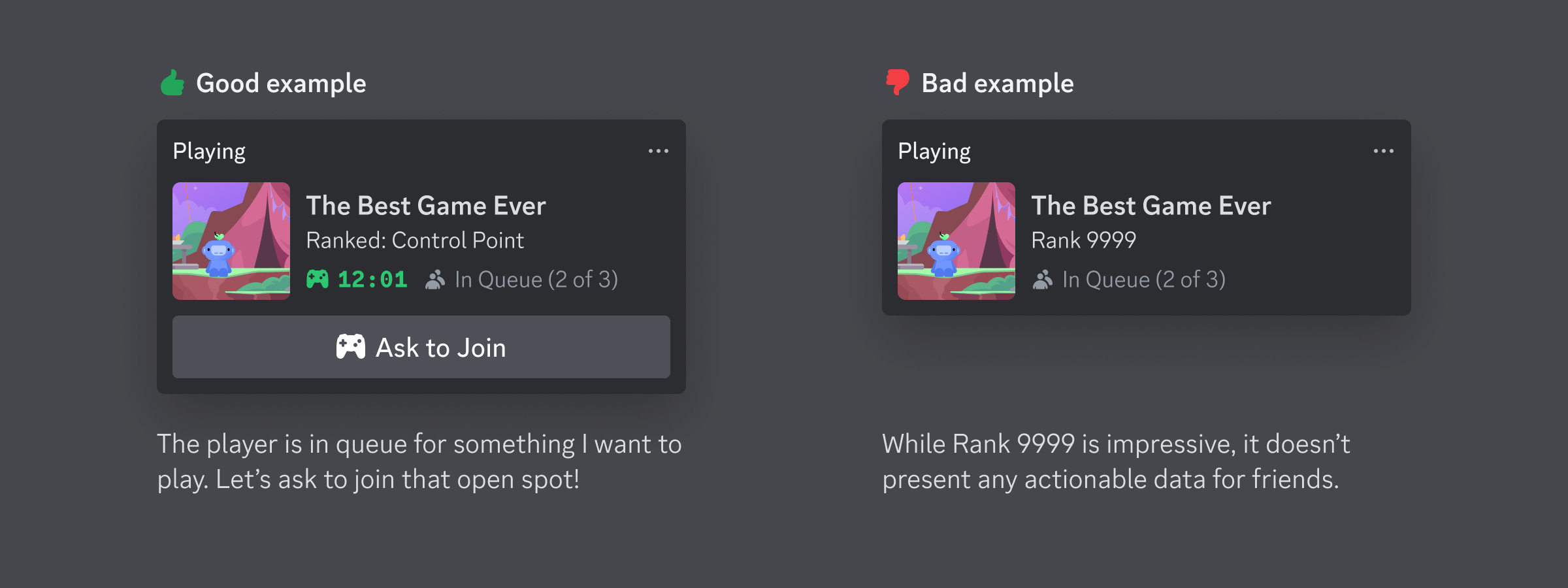 Examples of good rich presence strings that show a game mode of "Ranked: Control Point" and that the user is "In Queue (2 of 3)" compared to a bad string that reads "Rank 9999"