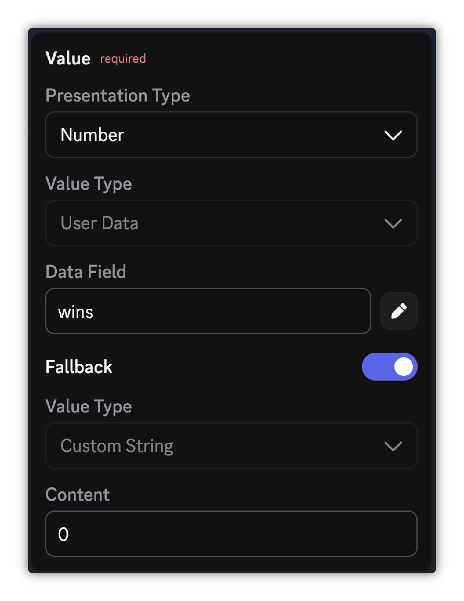 Configured field showing Value Type, optional toggle, and fallback