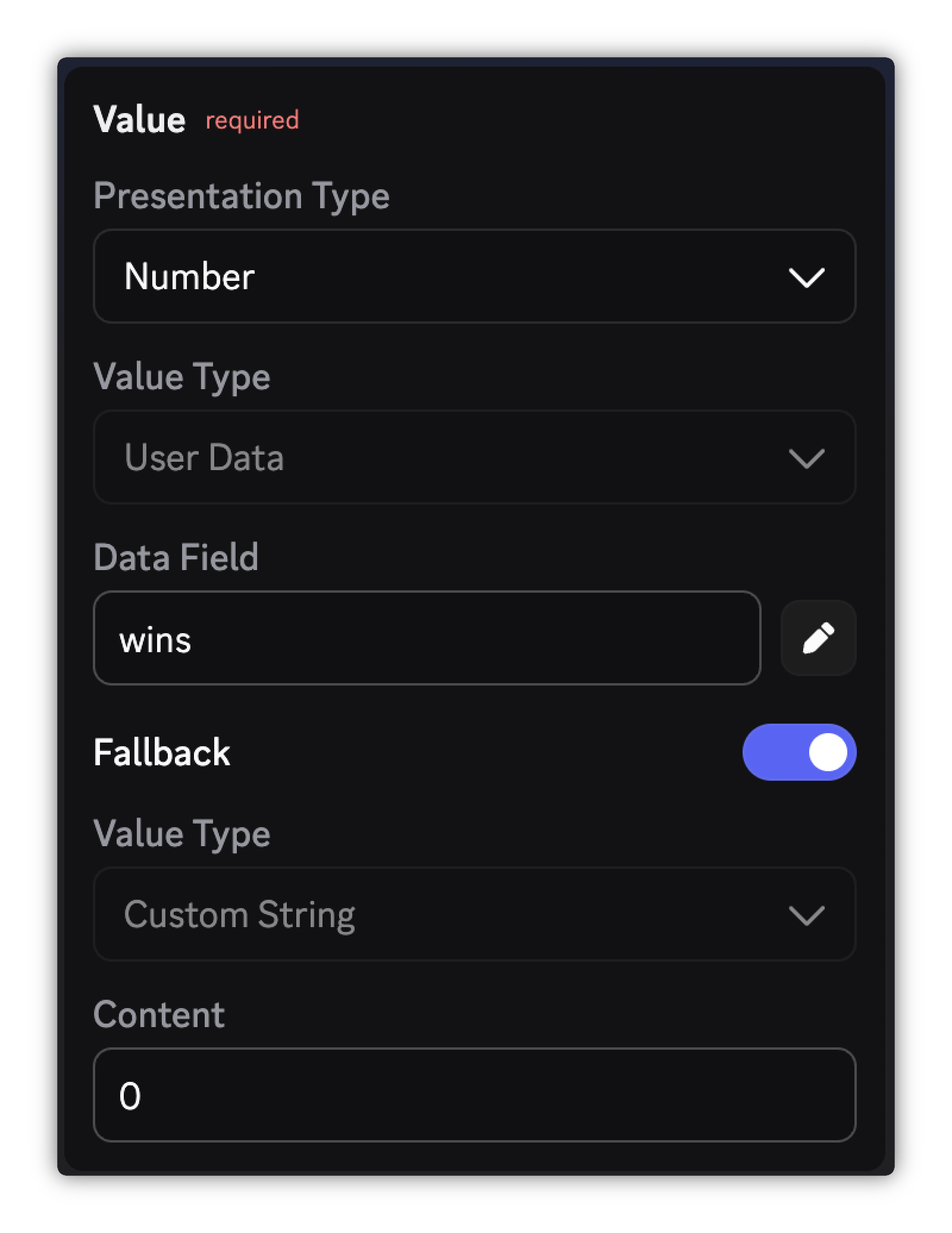 Configured field showing Value Type, optional toggle, and fallback