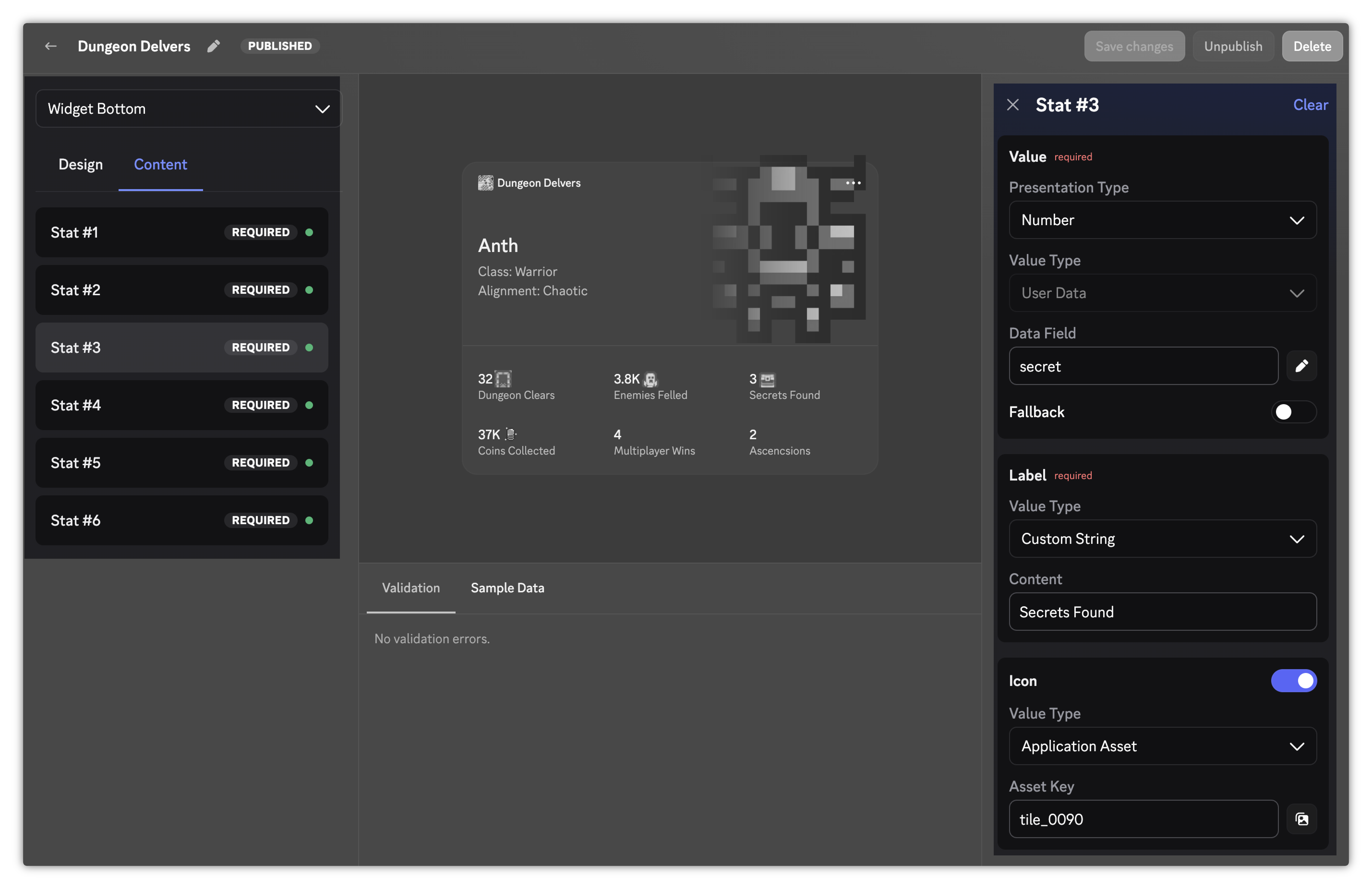 A selected component in the Content tab and the corresponding fields