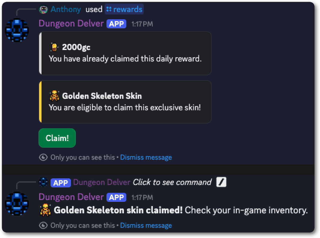 A bot message showing a player accepting a new limited edition golden skeleton skin