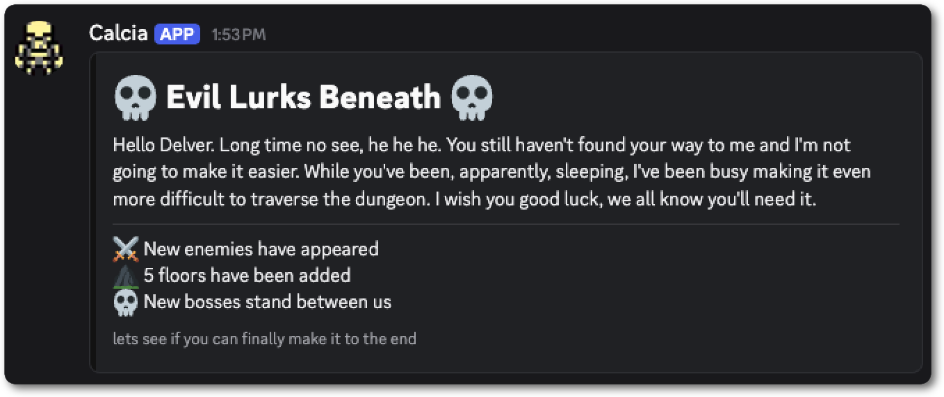 A bot message showing a themed final boss delivering game updates in character