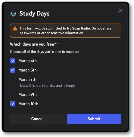 Example of a modal with a Checkbox Group