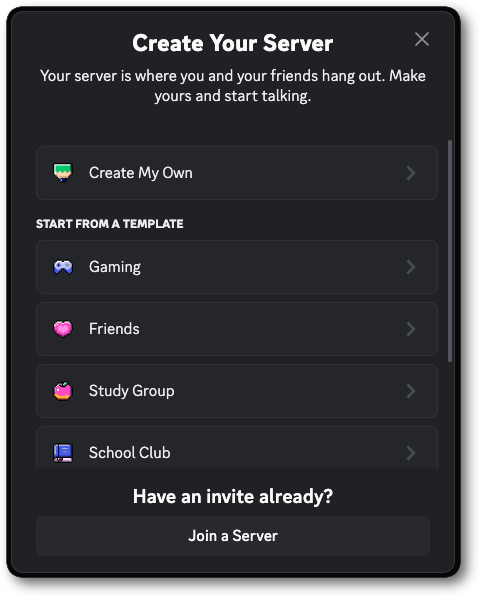 Discord UI for creating a server