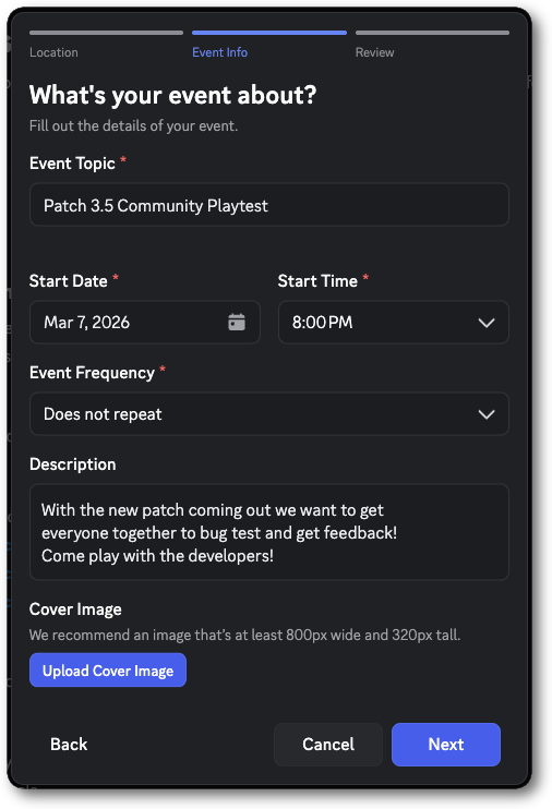 Scheduling an event for a playtest in a server