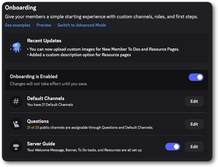 Server onboarding settings for a community server