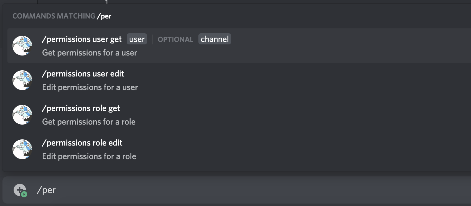 A command with grouped subcommands and parameters. It says /permissions user get with arguments for a user and a channel.