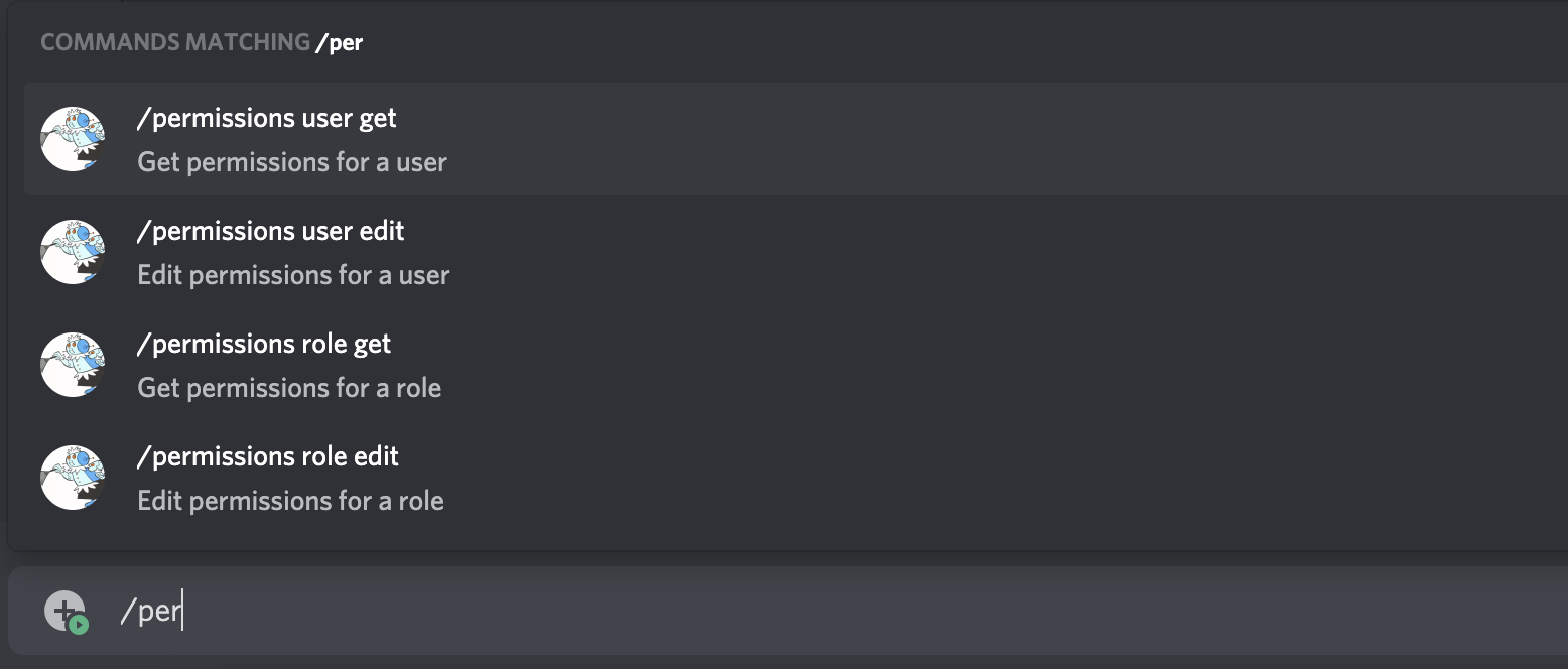 A command with grouped subcommands. It says /permissions user get