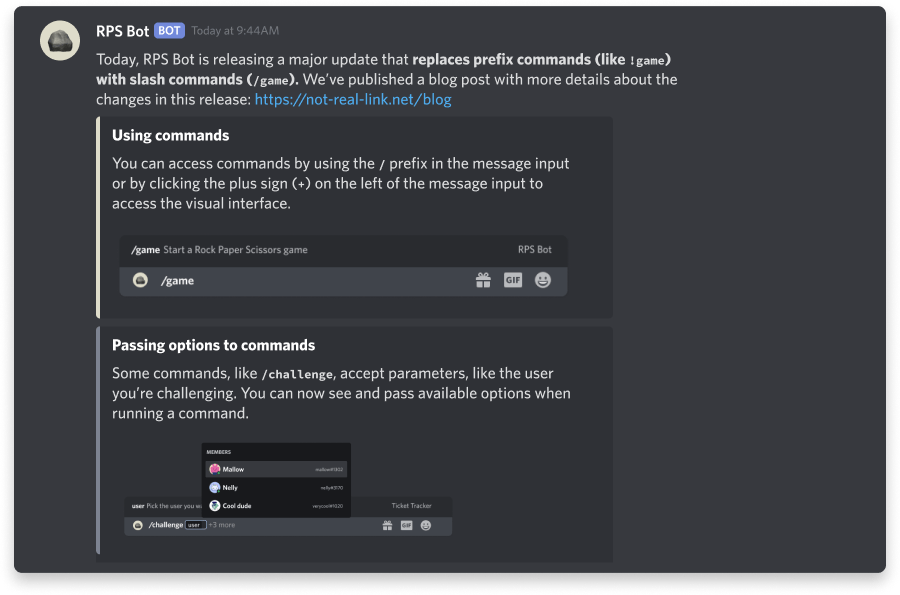 Example message updating users about a new feature