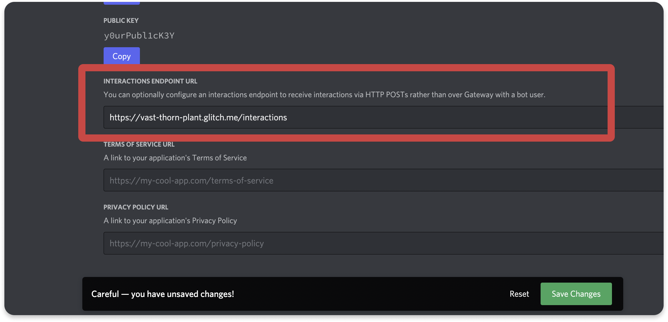 Interactions endpoint URL in app settings