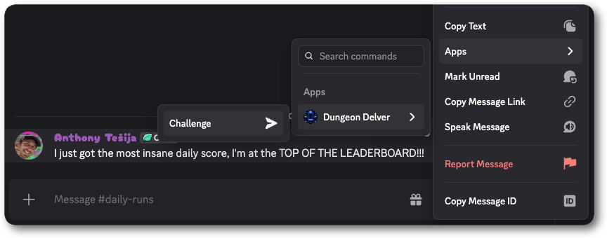 An example message command. The context menu has an Apps section open to a Bookmark command