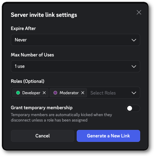 Example of creating an invite that grants roles