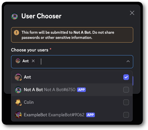 Example of a modal with a User Select
