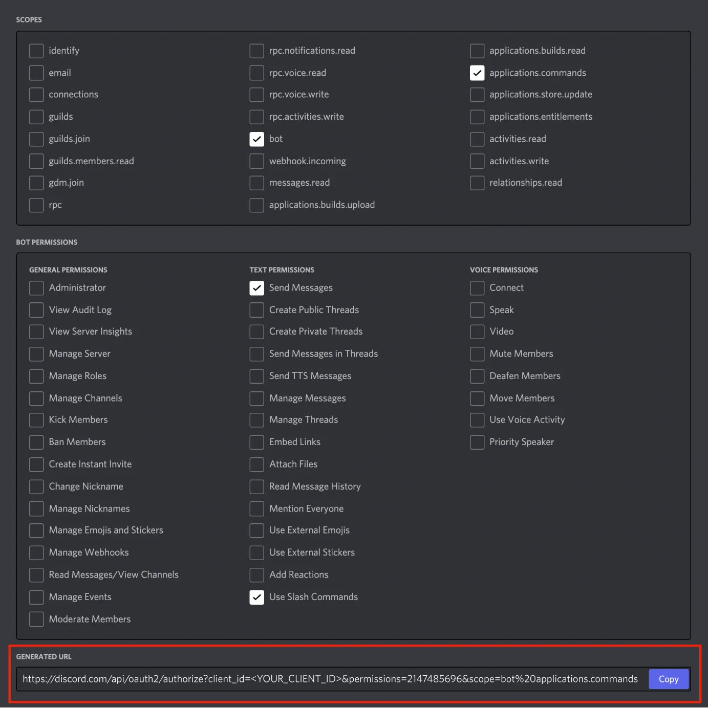 Configuring bot permissions in app settings