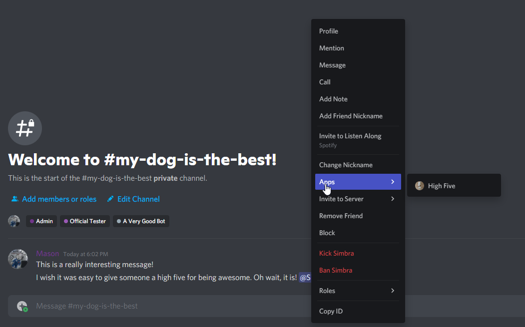 An example user command. The context menu has an Apps section open to a High Five command