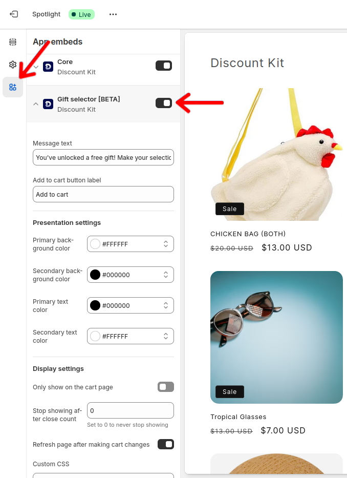 Gift selector setup image